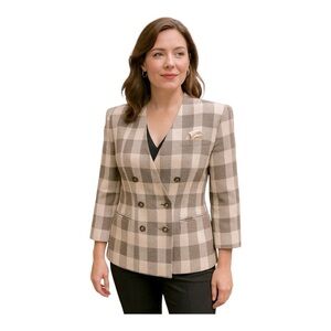 Kasper ASL Gray Buffalo Check Blazer Double Breasted Petite 14P Vintage, NWT